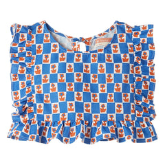 Fabula - Damier Flowers Volanlı Üst | Mavi