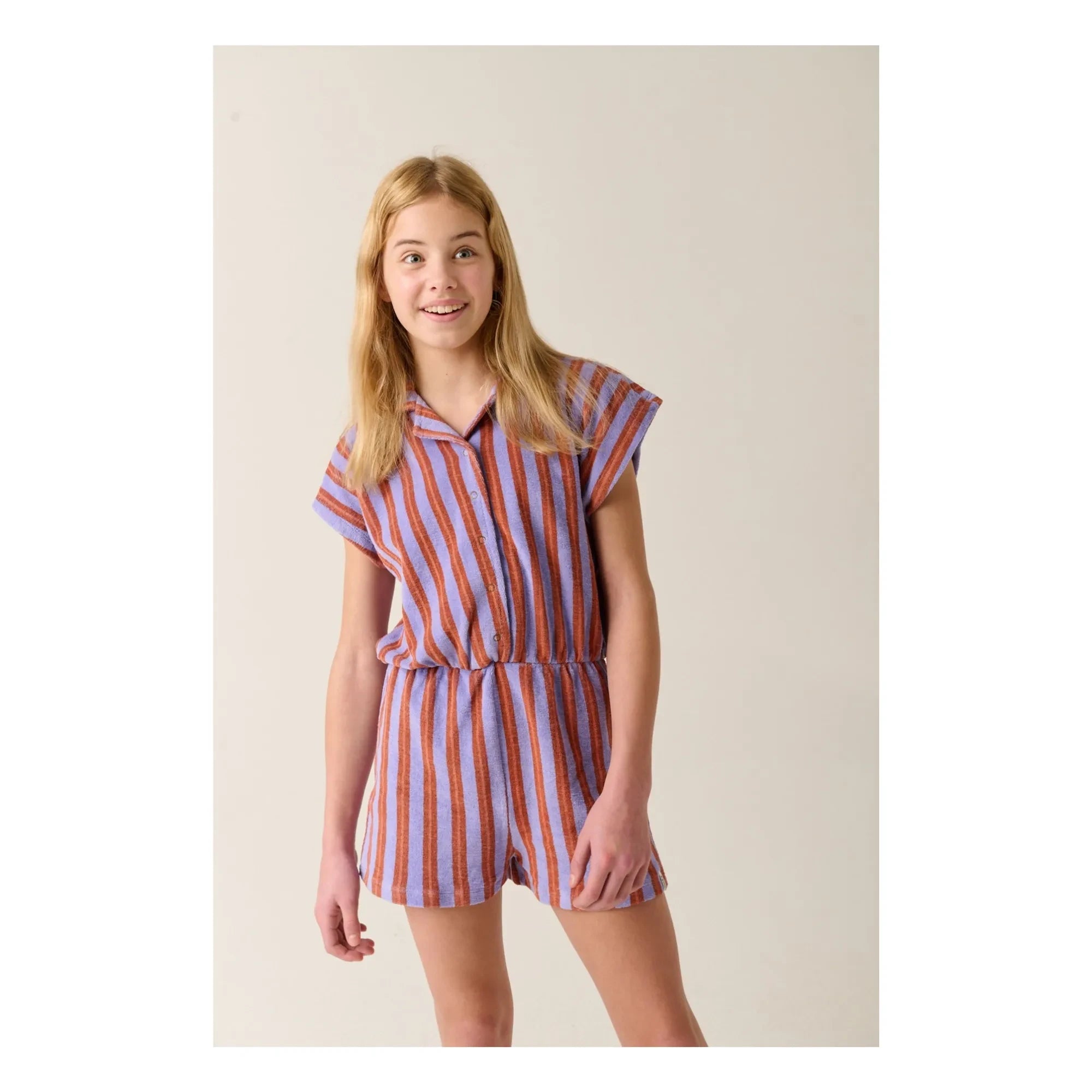 Tumble N'Dry – La Barre Zweistreifiger Strampler aus Bio-Baumwolle | Lila