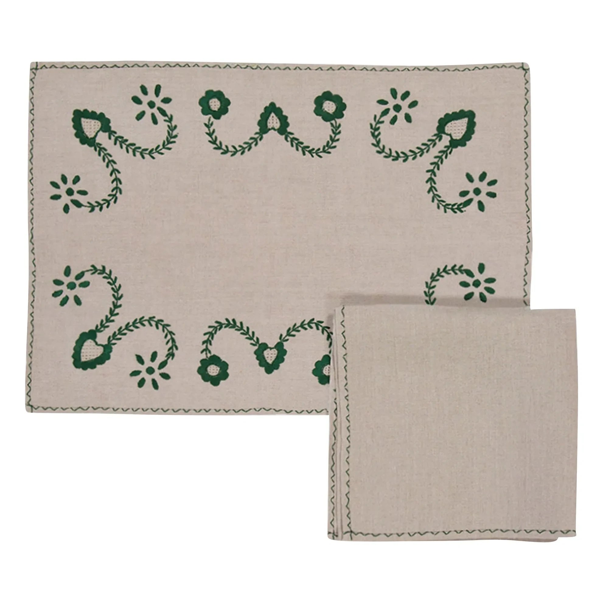 House of Capricorn - Viana embroidered placemat and napkin set | Green