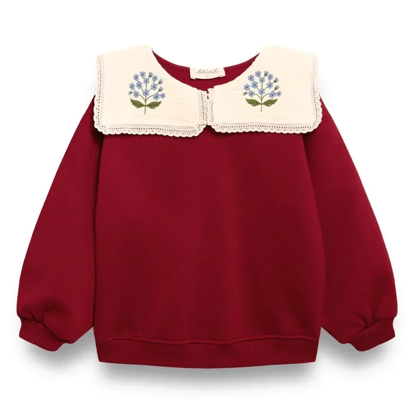 birinit - Organik pamuklu işlemeli drapeli yaka sweatshirt | Bordo
