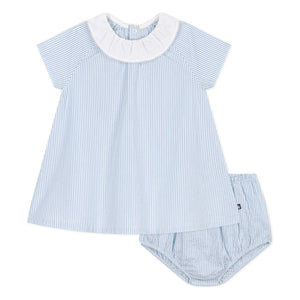 Petit Bateau – Gestreiftes Seersucker-Set mit Kragenkleid und Bloomer aus Bio-Baumwolle | Blau