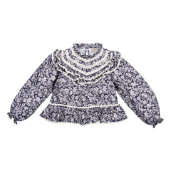 the new society - Lilith Double Cotton Muslin Floral Blouse | Navy Blue