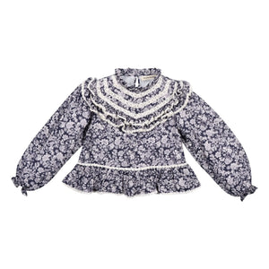 the new society - Lilith Double Cotton Muslin Floral Blouse | Navy Blue
