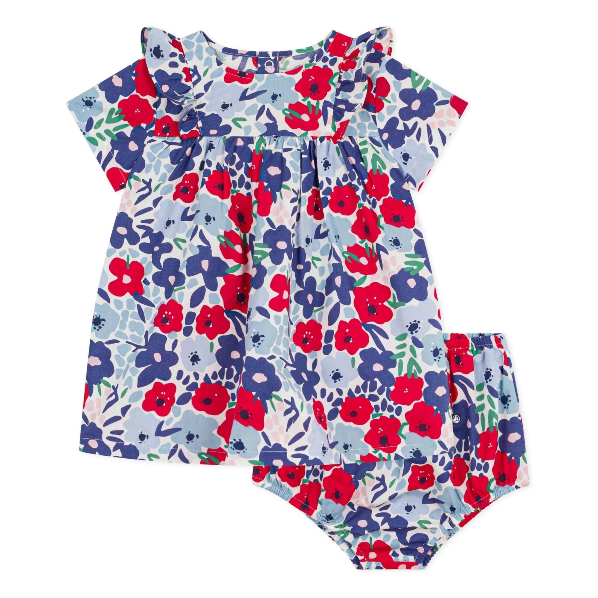 Petit Bateau - Organik pamuklu poplin çiçekli elbise ve bloomer seti | Mavi