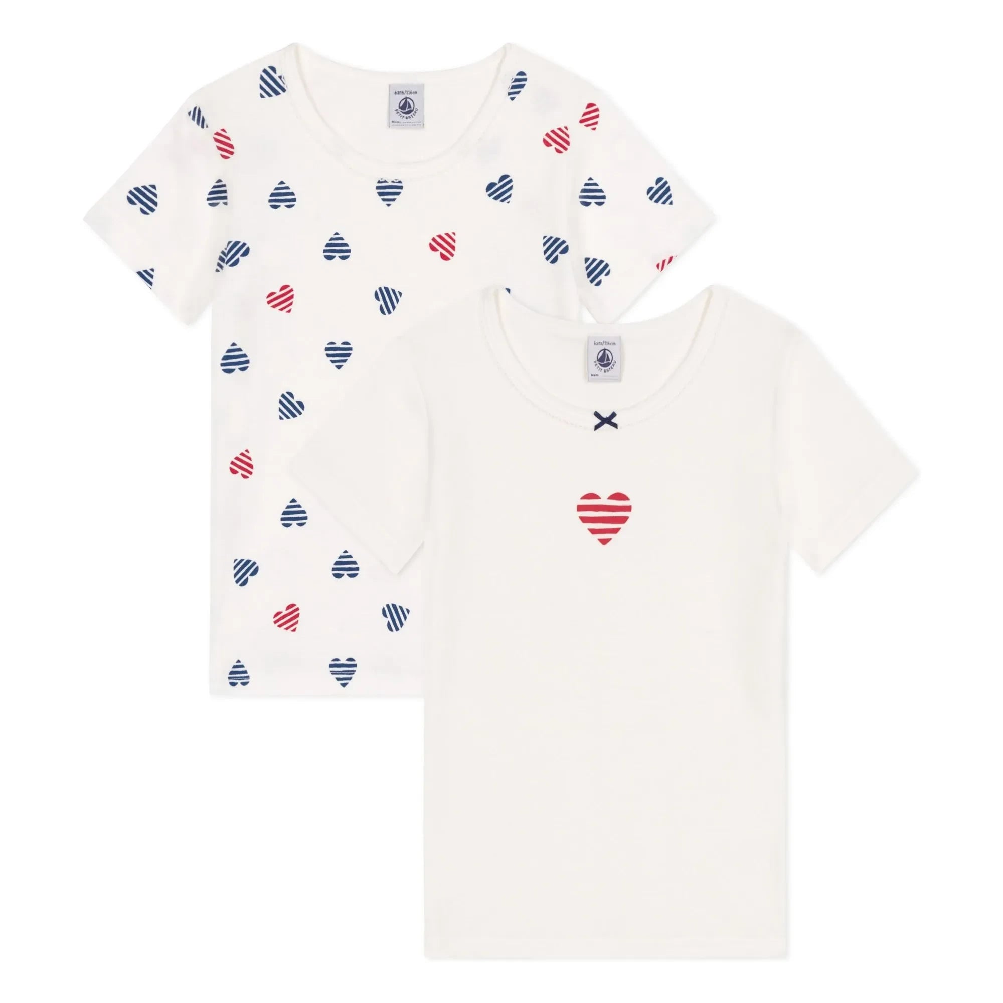 Petit Bateau - 2-Pack Striped Heart Organic Cotton T-Shirt Set | White