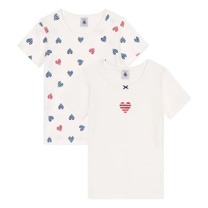 Petit Bateau - 2'li Çizgili Kalp Organik Pamuklu Tişört Seti | Beyaz