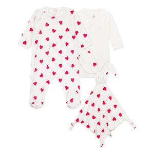 Petit Bateau - 3 Piece Pajama Jumpsuit & Cute Hearts Gift Set | White
