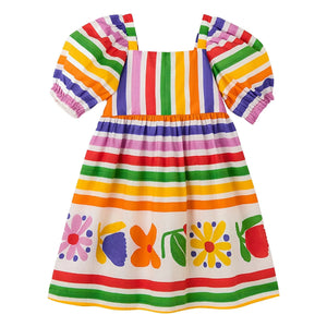 Fabula - Gestreiftes Blumenmuster Kleid mit Ballonärmeln | Gelb