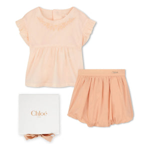 Chloé - Organik pamuk bluz ve bloomer seti | Toz pembe