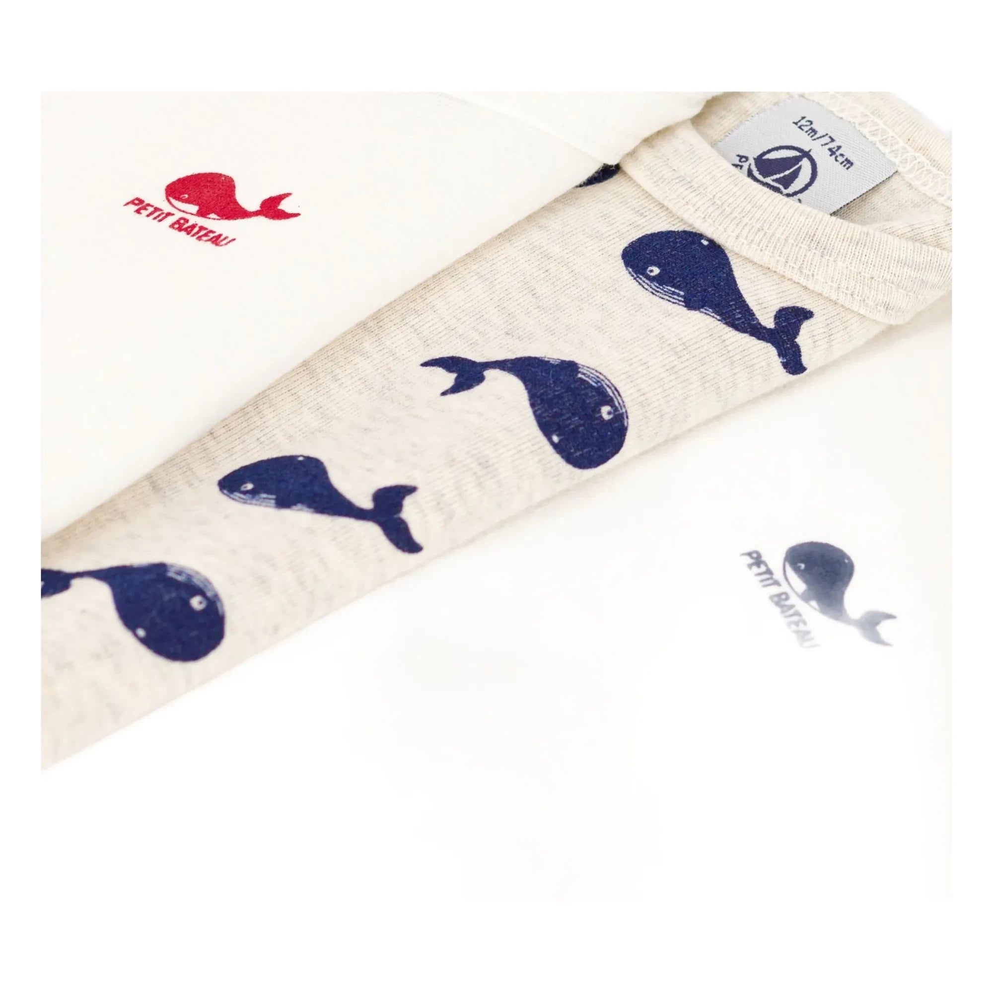 Petit Bateau - 3er Body-Set mit langen Ärmeln und Walmuster aus Bio-Baumwolle | Weiß