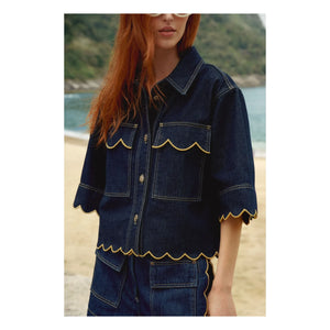 Farm Rio - Kısa Fırfırlı Gömlek | Denim brut