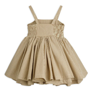 Mini Rodini - Çizgili Poplin Organik Pamuklu Büzgülü Elbise | Kahverengi