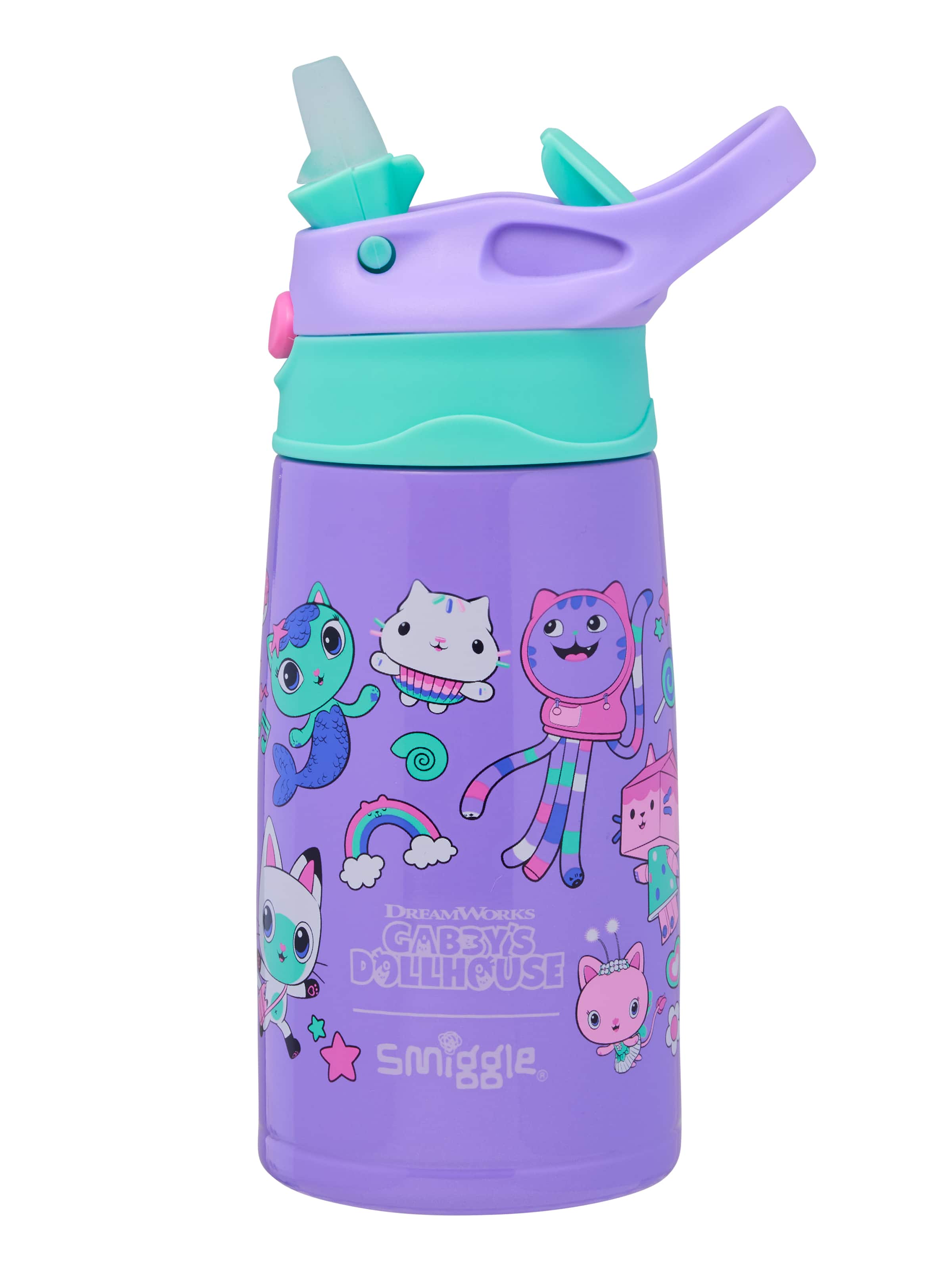 Smiggle - Gabbys Dollhouse 400ML Otomatik Pipetli Çelik Matara-Dinossi