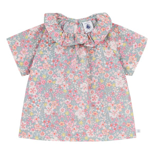Petit Bateau - Çiçek Desenli Fırfırlı Yakalı Pamuklu Bluz | Turkuaz