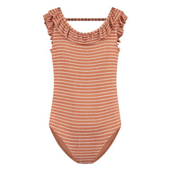 Beachlife - One-Piece Striped Ruffled Recycled Fabric Swimsuit | Caramel