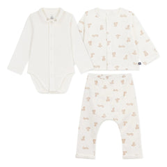 Petit Bateau - Organik Pamuk Tubique Ayıcık Yelek ve Pantolon Body Seti | Beyaz