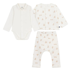 Petit Bateau - Organik Pamuk Tubique Ayıcık Yelek ve Pantolon Body Seti | Beyaz