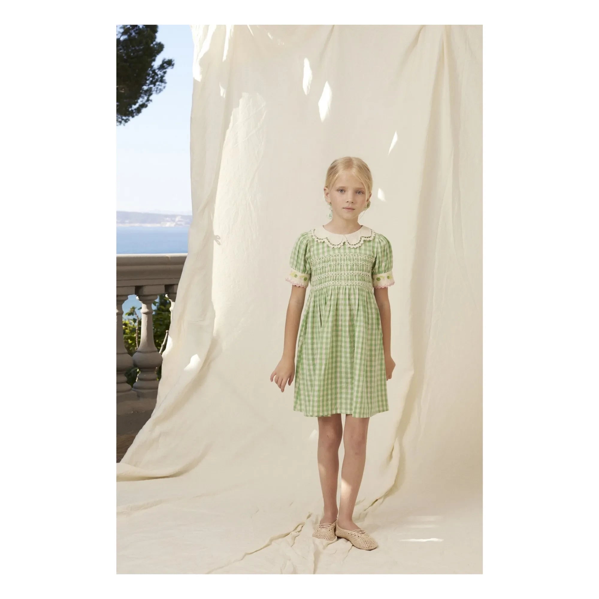 Bebe Organic - Tilia Kareler Smock Elbise | Soluk yeşil