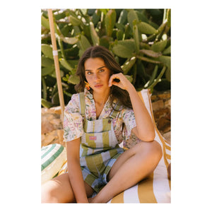Favorite People - Ravioli Striped Short Overalls - Women's Collection | Olive