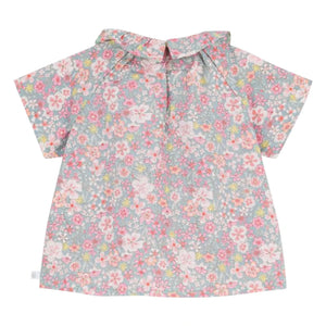 Petit Bateau - Çiçek Desenli Fırfırlı Yakalı Pamuklu Bluz | Turkuaz