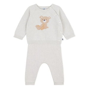 Petit Bateau - Organik Pamuklu Ayıcık Jakarlı Kazak ve Pantolon Takımı | Heather bej
