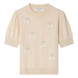 Bonpoint - Leola Kurzarm-Pullover aus Wolle mit Paillettenkirschen | Beige Rosa