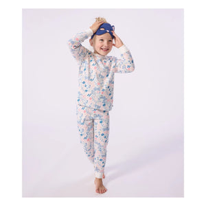 Petit Bateau - Organik pamuklu kedi maskeli ve çiçek desenli pijama takımı | Beyaz