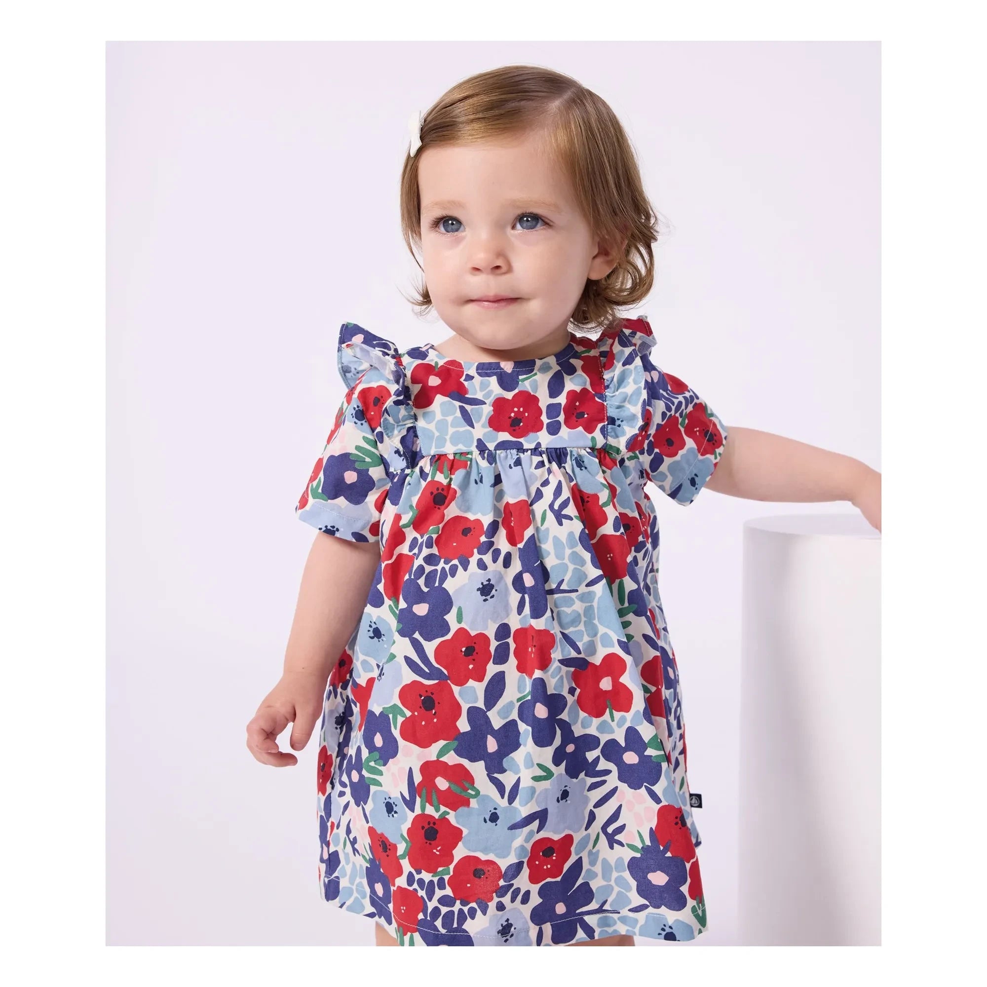 Petit Bateau - Organik pamuklu poplin çiçekli elbise ve bloomer seti | Mavi