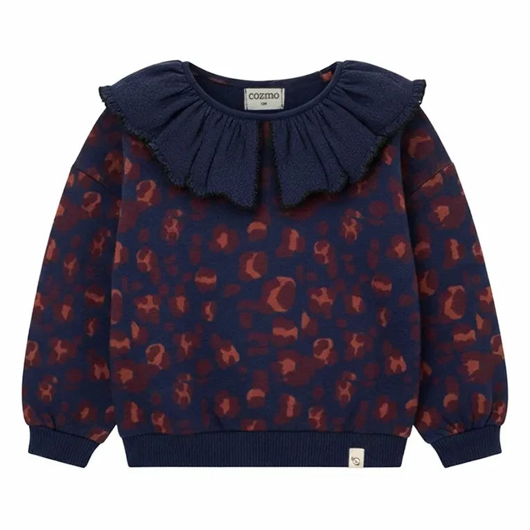 Cozmo - Laia Sweatshirt mit Rüschenkragen Bio-Baumwolle Leopard | Marineblau