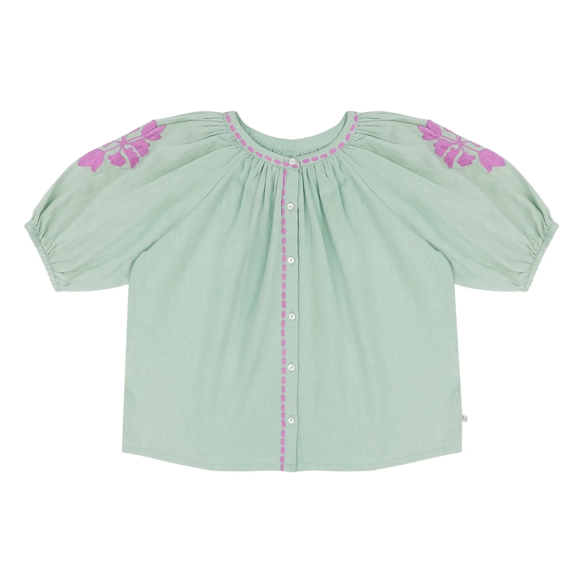 Jenest - Colette Linen Embroidered Blouse | Almond Green