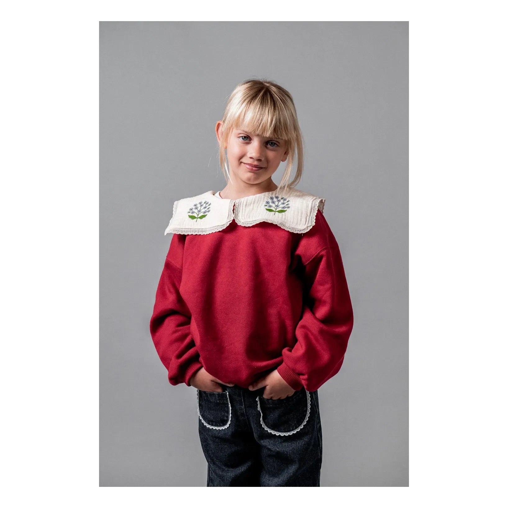 birinit - Organik pamuklu işlemeli drapeli yaka sweatshirt | Bordo