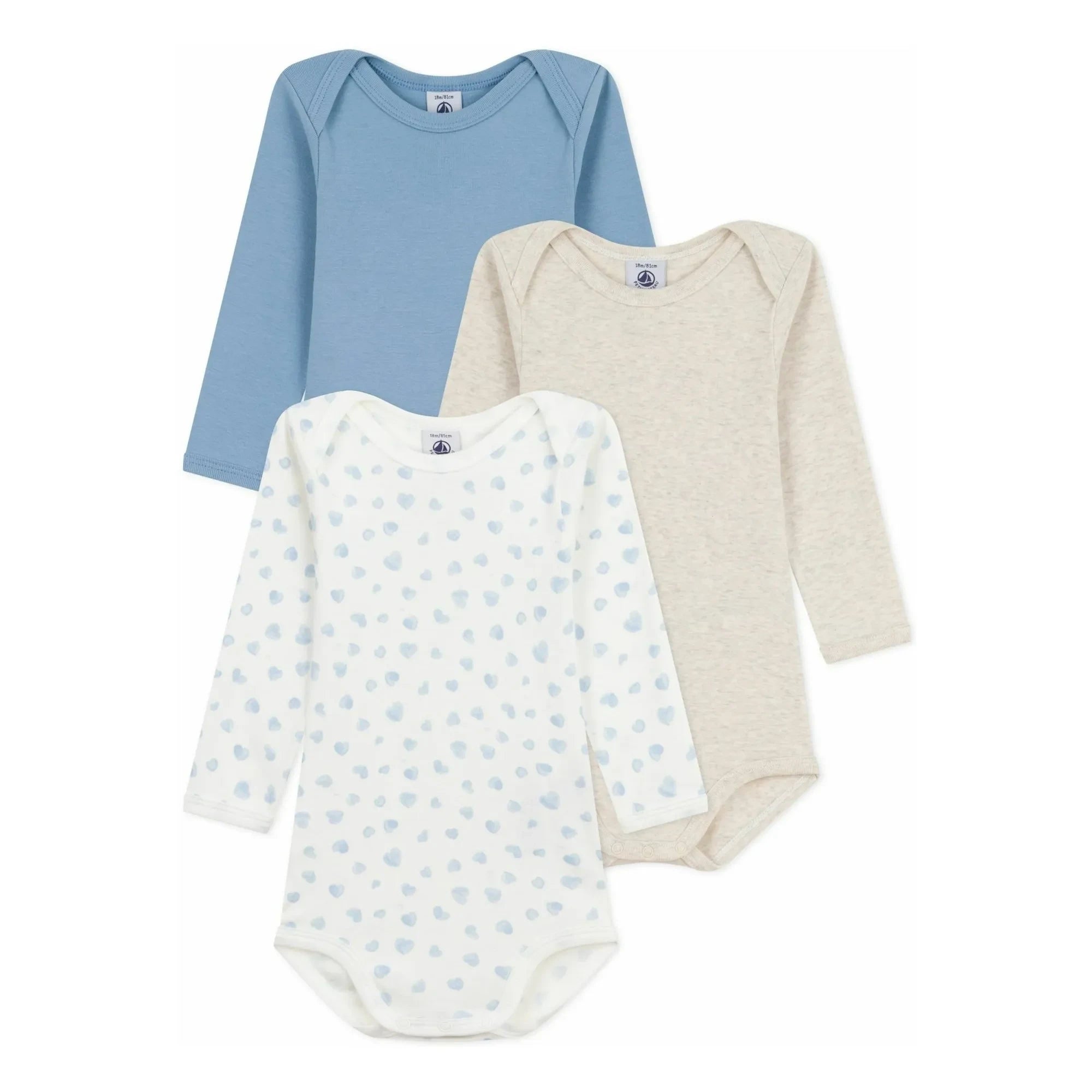 Petit Bateau - Body-Set aus 3 Bodys aus Bio-Baumwolle mit Herzmuster | Blau