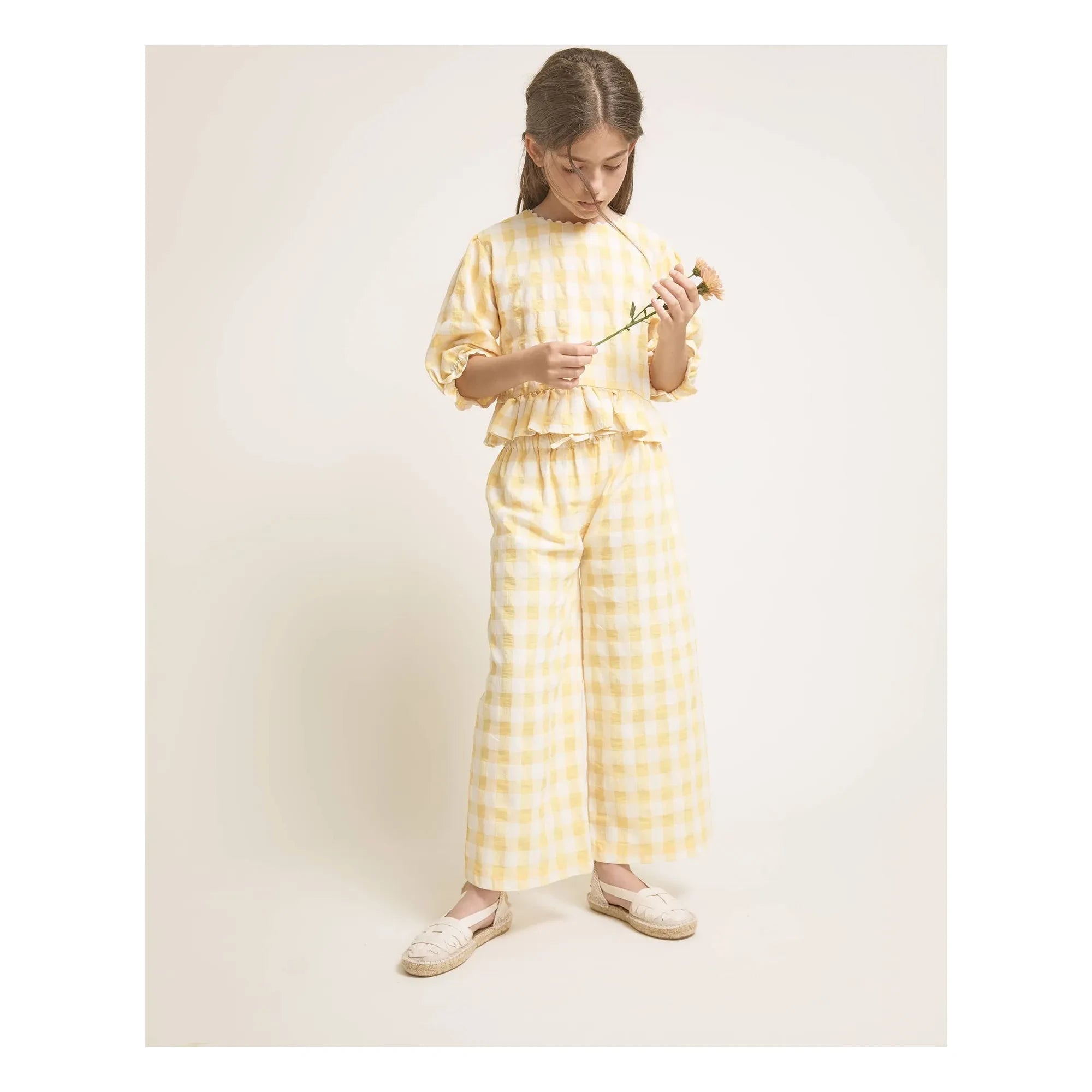 Búho - Gekräuselte Seersucker-Bluse mit 3/4-Ärmeln und Vichy-Karos | Gelb