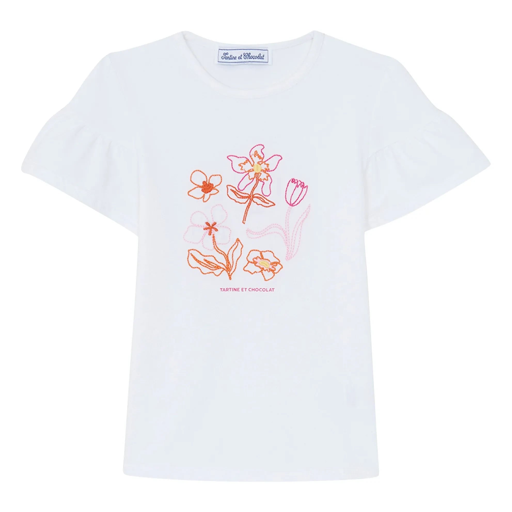 Tartine et Chocolat - Floral Embroidered Balloon Sleeve T-Shirt | White