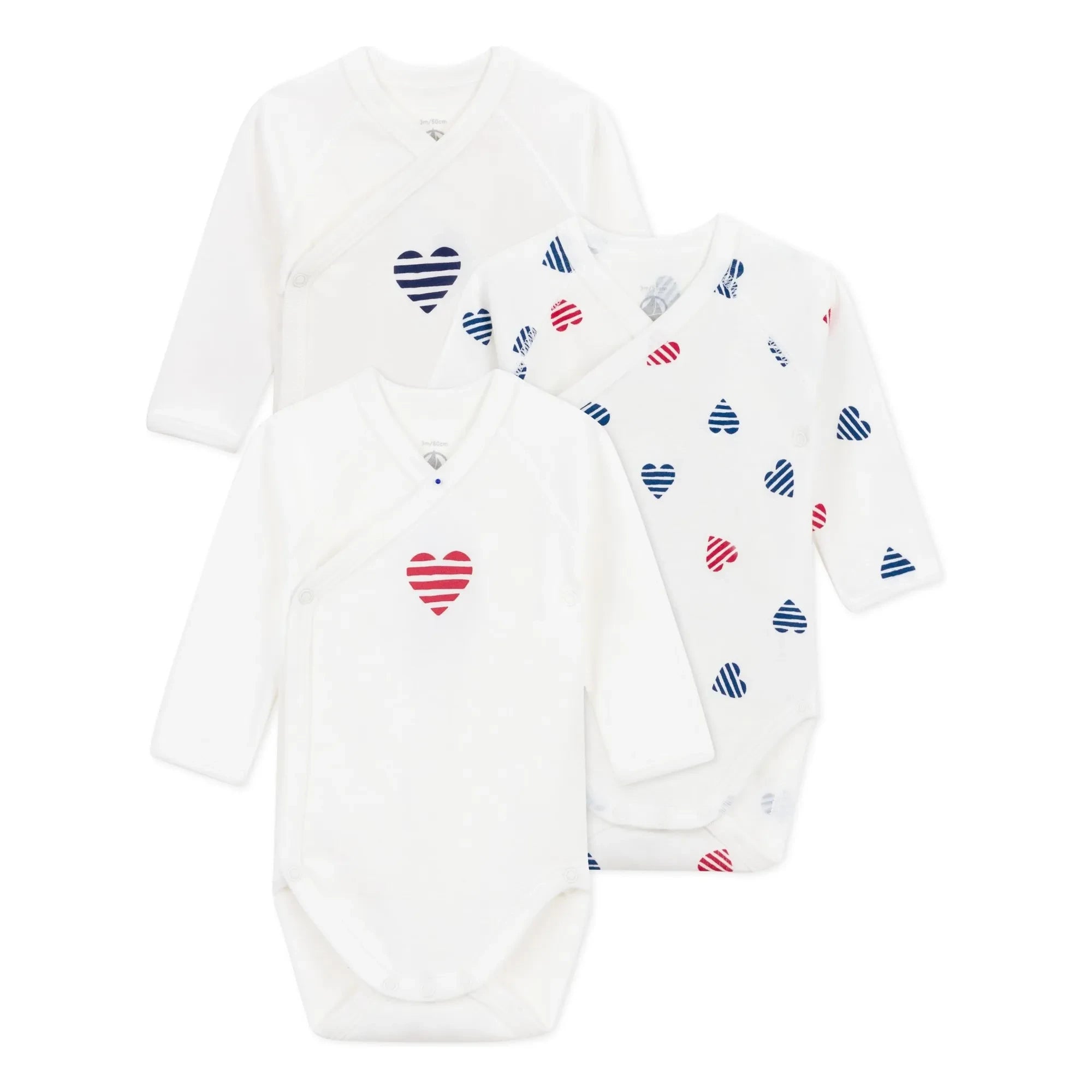 Petit Bateau - 3er-Set Gestreifte Herzen Baby-Bodys aus Bio-Baumwolle | Ecru