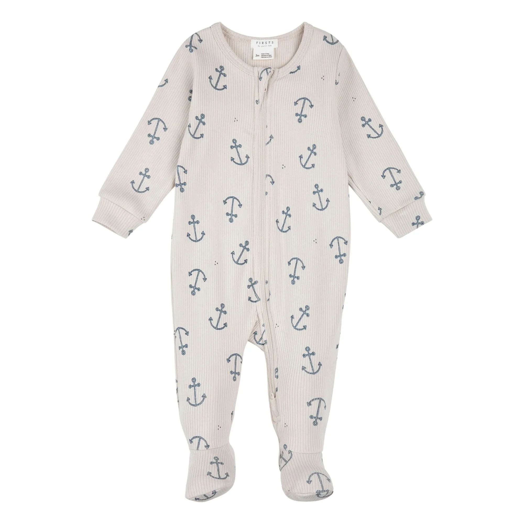Petit Lem - Fuß-Strampler Anchors mit Relief aus Bio-Baumwolle | Beige