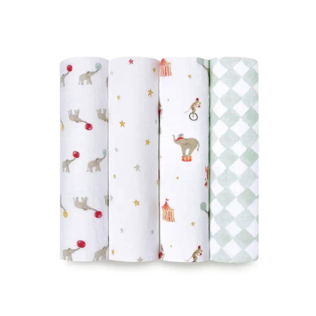 aden + anais Essentials Cotton Muslin Swaddle Blankets 4pk - Elephant Circus-Blankets-Elephant Circus-One Size | Natural Baby Shower