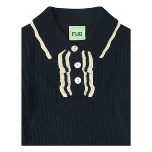 FUB - Cotton Polo Neck Knit Merino Wool Ruffles | Navy Blue