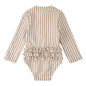 Petit Lem - Striped Long Sleeve Seersucker Swimsuit Recycled Fibers | Beige