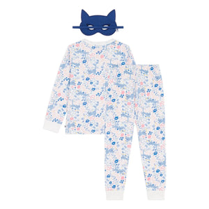 Petit Bateau - Organik pamuklu kedi maskeli ve çiçek desenli pijama takımı | Beyaz