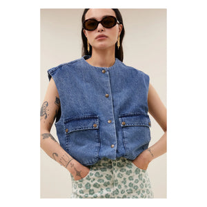 By Bar - Maggie Organik Pamuk Denim Kolsuz Ceket | Kot mavisi