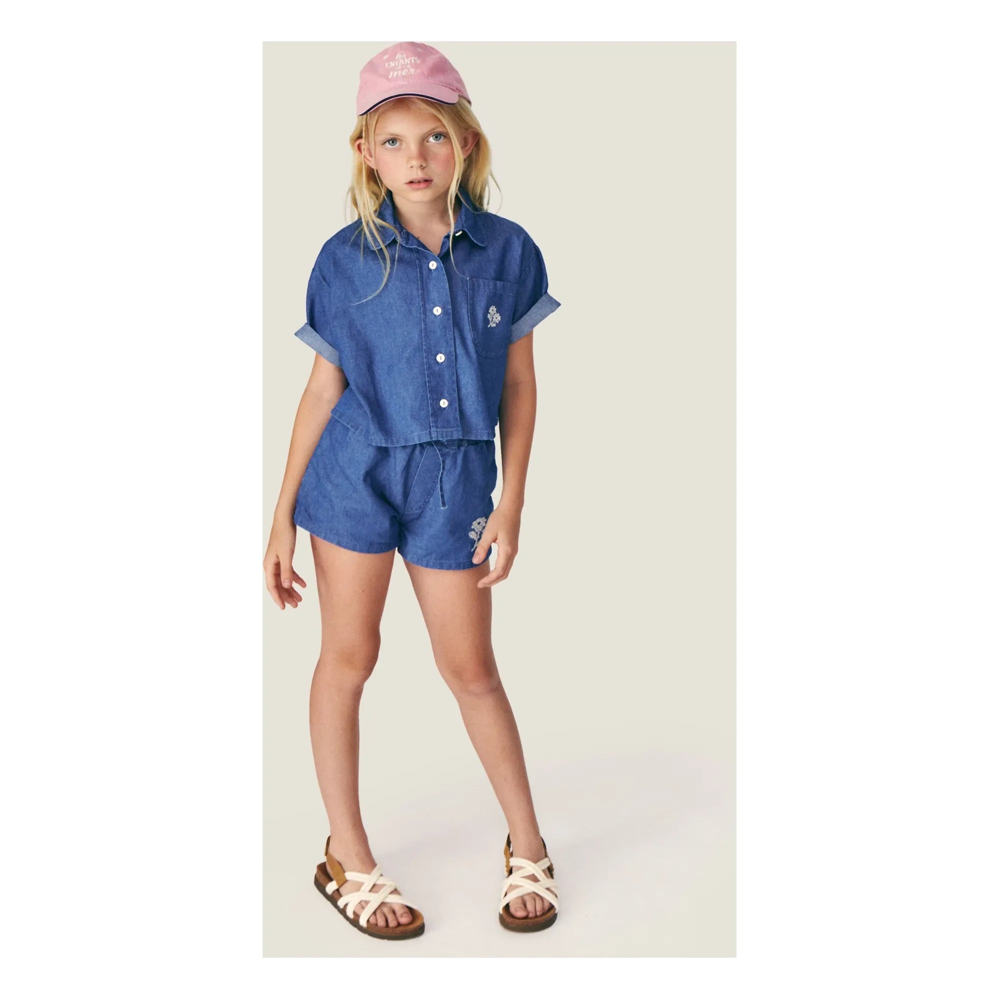 Mipounet - Kurzer Denim Amélie Baumwolle Blumen BCI | Blau
