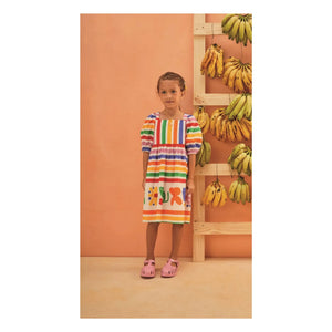 Fabula - Gestreiftes Blumenmuster Kleid mit Ballonärmeln | Gelb