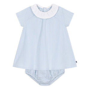 Petit Bateau – Gestreiftes Seersucker-Set mit Kragenkleid und Bloomer aus Bio-Baumwolle | Blau