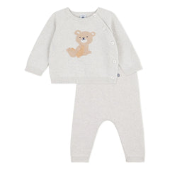 Petit Bateau - Organik Pamuklu Ayıcık Jakarlı Kazak ve Pantolon Takımı | Heather bej