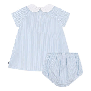Petit Bateau – Gestreiftes Seersucker-Set mit Kragenkleid und Bloomer aus Bio-Baumwolle | Blau