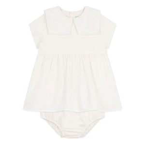 Petit Bateau - Keten ve organik pamuktan denizci yakalı elbise ve bloomer seti | Beyaz