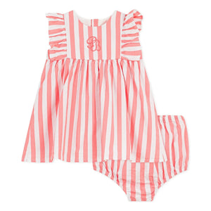 Petit Bateau - Çizgili Seersucker Organik Pamuk Elbise ve Bloomer Seti | Mercan