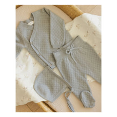 Quincy Mae - Organic Cotton Knit Cardigan, Pants, and Pinafore Set | Gray Blue