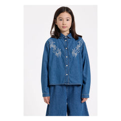 Hundred Pieces - Clara İşlemeli Kısa Gömlek | Denim mavi